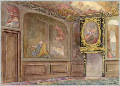 30717 Interieur van het huis Kromme Nieuwegracht 80 te Utrecht: een zijkamer beschilderd met klassieke voorstellingen.